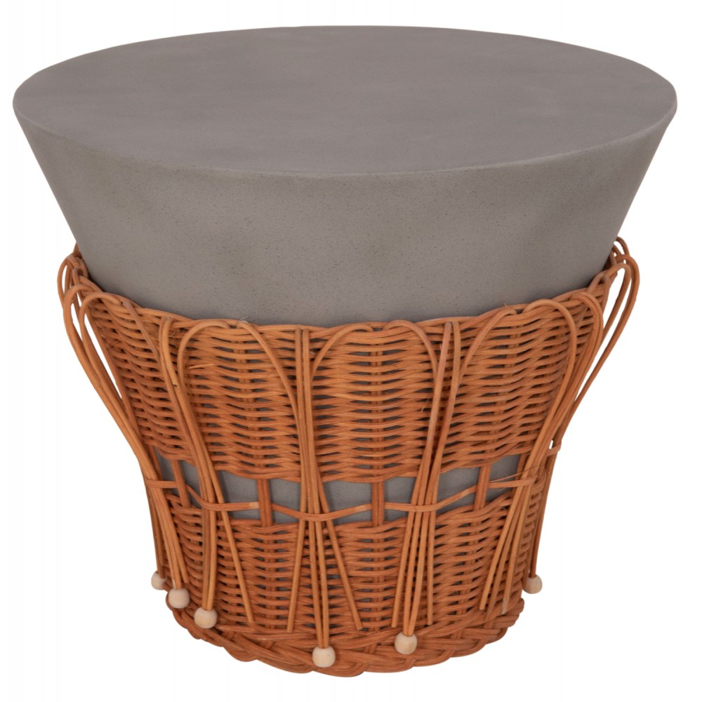 Τραπέζι βοηθητικό "PERRAL" από τσιμέντο/rattan σε χρώμα γκρι/φυσικό Φ42x36