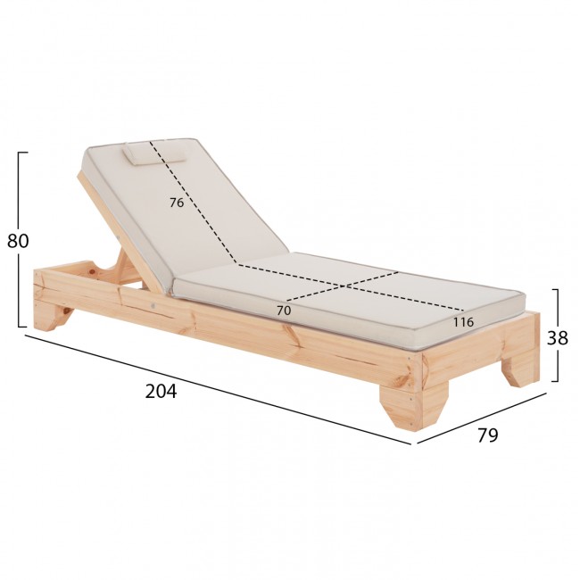 Επαγγελματική ξαπλώστρα παραλίας "ΚΟΡΙΝΟΣ" απο ξύλο πεύκου/textilene σε χρώμα φυσικό/εκρού 79x204x80