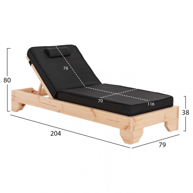 Επαγγελματική ξαπλώστρα παραλίας "ΚΟΡΙΝΟΣ" απο ξύλο πεύκου/textilene σε χρώμα φυσικό/μαύρο 79x204x80