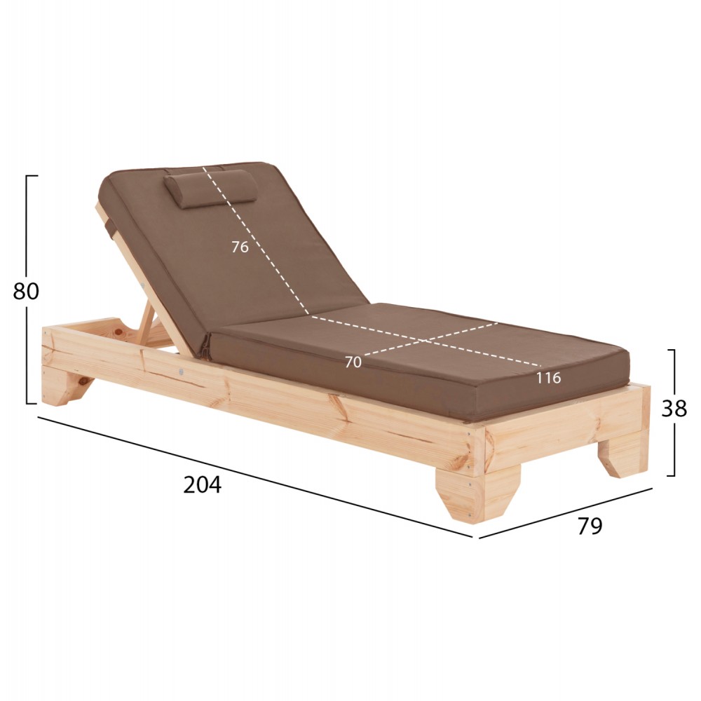 Επαγγελματική ξαπλώστρα παραλίας "ΚΟΡΙΝΟΣ" απο ξύλο πεύκου/textilene σε χρώμα φυσικό/μόκα 79x204x80