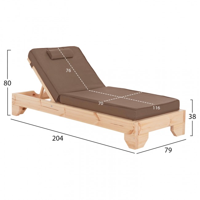 Επαγγελματική ξαπλώστρα παραλίας "ΚΟΡΙΝΟΣ" απο ξύλο πεύκου/textilene σε χρώμα φυσικό/μόκα 79x204x80