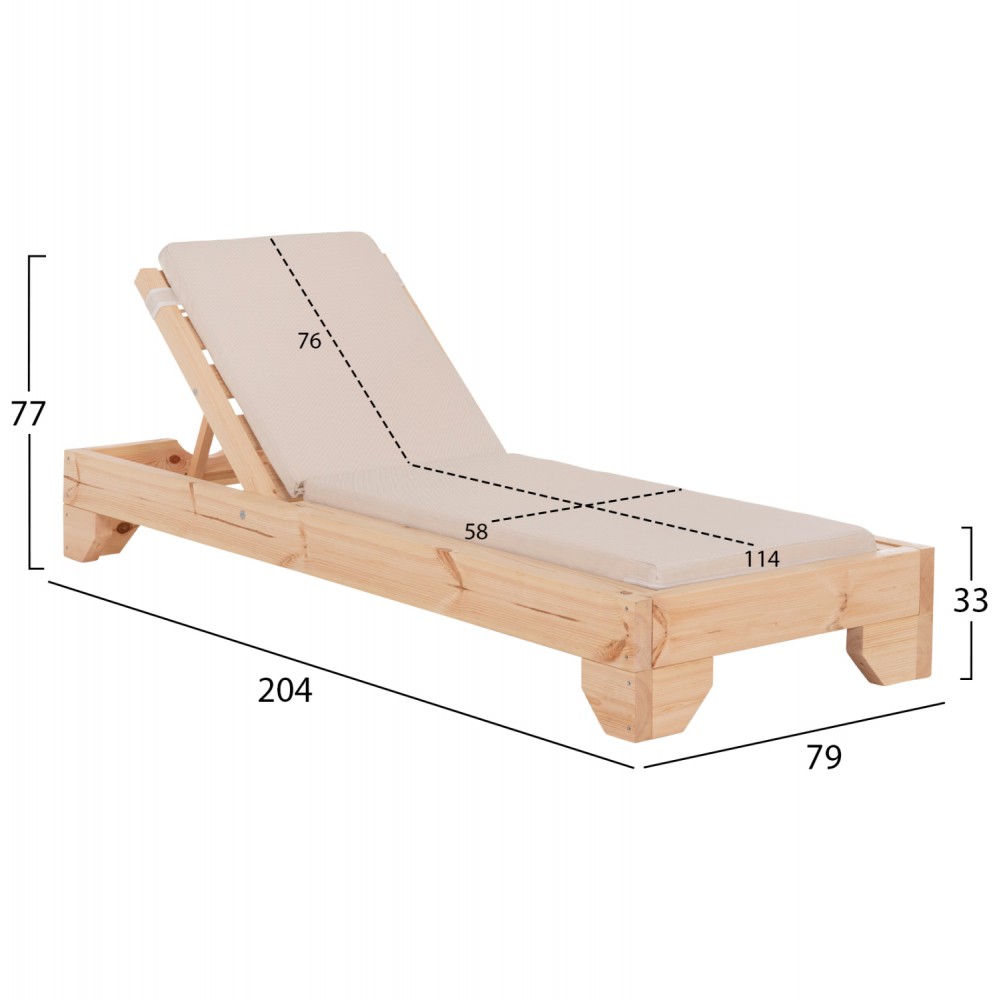 Επαγγελματική ξαπλώστρα παραλίας "ΚΟΡΙΝΟΣ" απο ξύλο πεύκου/textilene σε χρώμα φυσικό/μπεζ 79x204x77