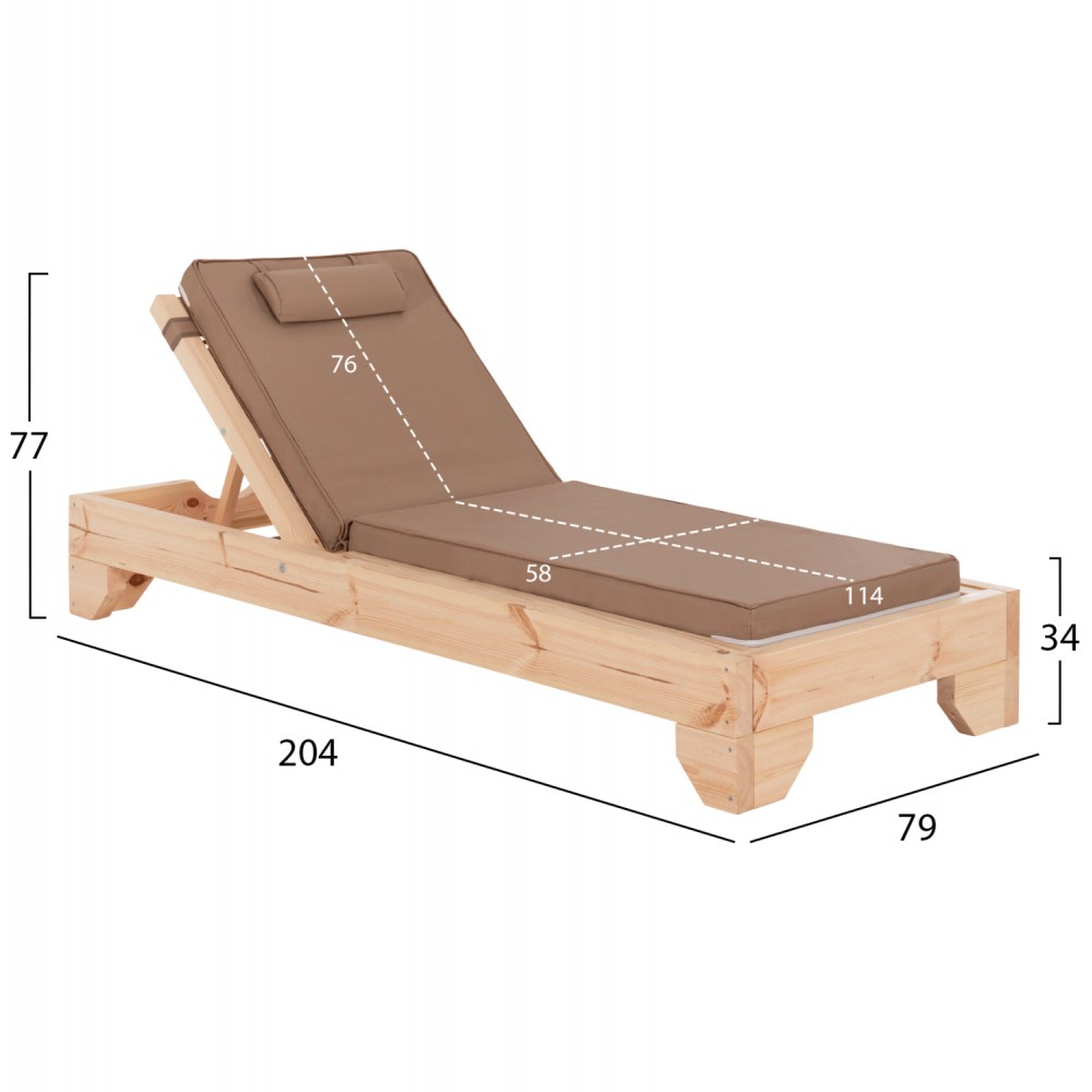 Επαγγελματική ξαπλώστρα παραλίας "ΚΟΡΙΝΟΣ" απο ξύλο πεύκου/textilene σε χρώμα φυσικό/μόκα 79x204x77