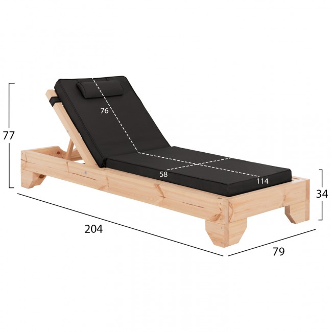 Επαγγελματική ξαπλώστρα παραλίας "ΚΟΡΙΝΟΣ" απο ξύλο πεύκου/textilene σε χρώμα φυσικό/μαύρο 79x204x77