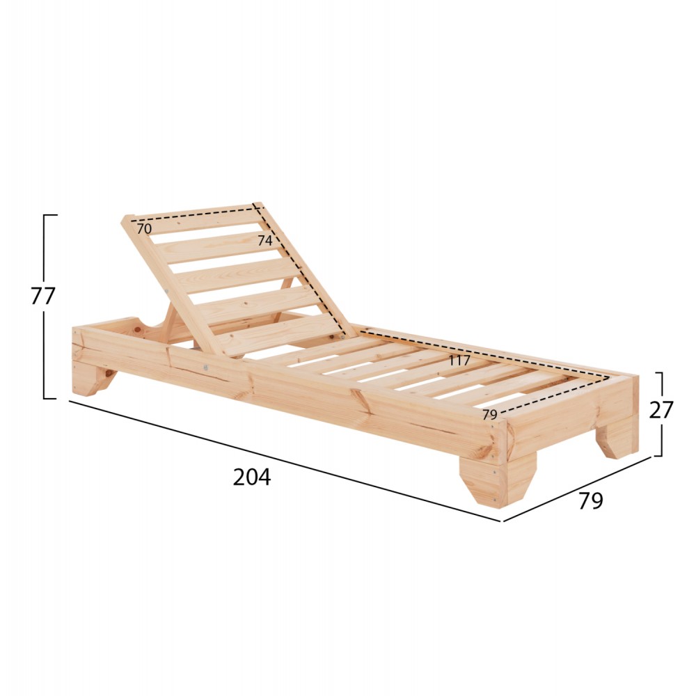 Επαγγελματική ξαπλώστρα παραλίας "ΚΟΡΙΝΟΣ" απο ξύλο πεύκου σε χρώμα φυσικό 79x204x77