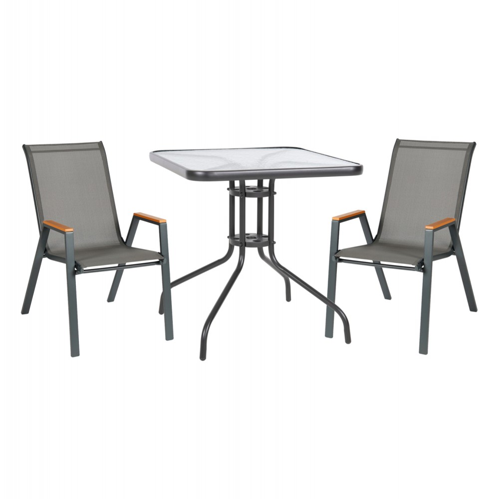 Σετ εξωτερικού χώρου "FIGO" 3τμχ απο μέταλλο/γυαλί/textilene σε γκρι χρώμα 70x70x72