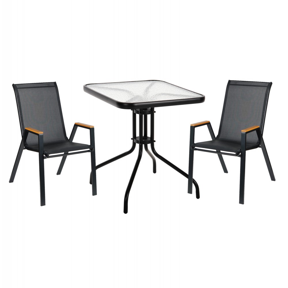 Σετ εξωτερικού χώρου "FIGO" 3τμχ απο μέταλλο/γυαλί/textilene σε μαύρο χρώμα 70x70x72
