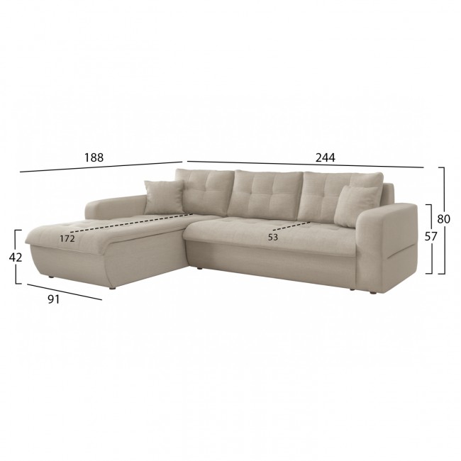 Καναπές κρεβάτι αριστερή γωνία "KANSO" από ύφασμα σε μπεζ χρώμα 244x188x80