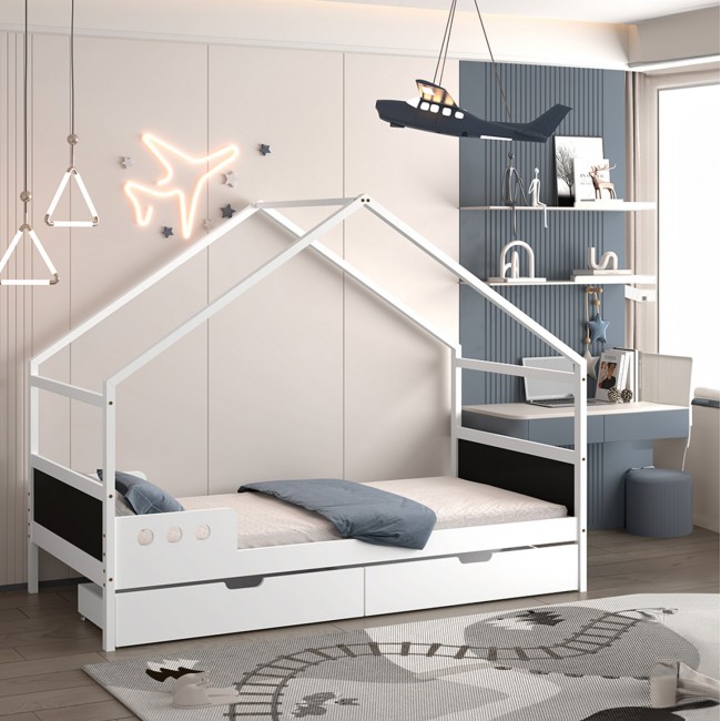 Κρεβάτι παιδικό τ.Μοντεσσόρι "HOUSER" με συρτάρια από ξύλο πεύκου σε λευκό χρώμα 90x190