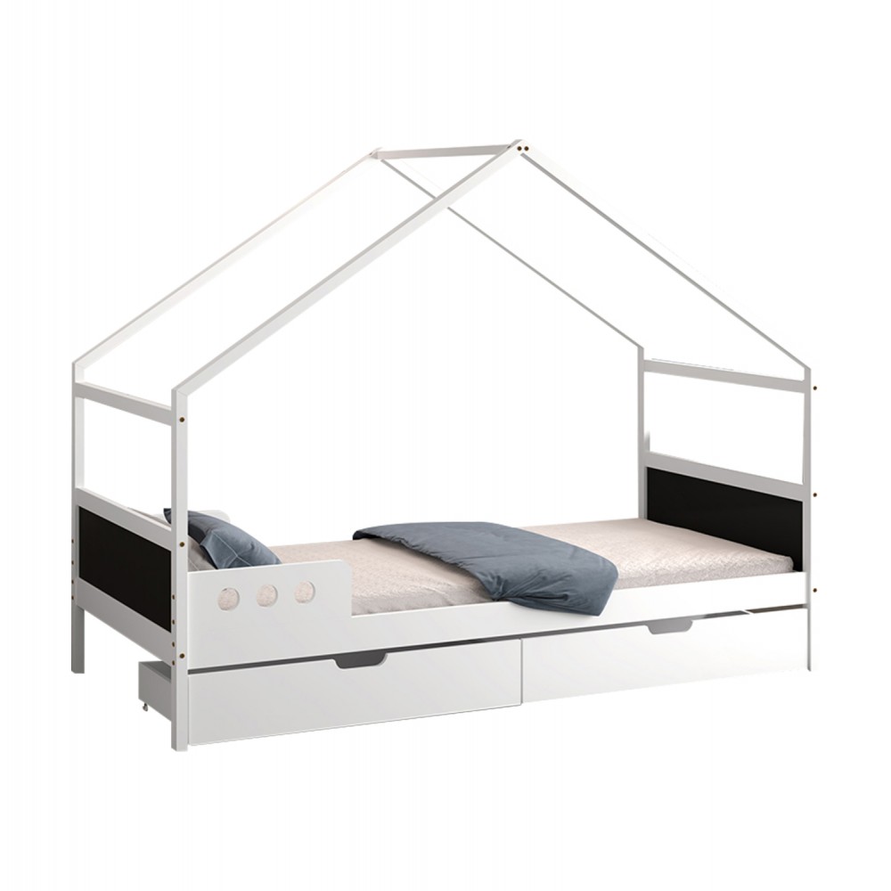 Κρεβάτι παιδικό τ.Μοντεσσόρι "HOUSER" με συρτάρια από ξύλο πεύκου σε λευκό χρώμα 90x190