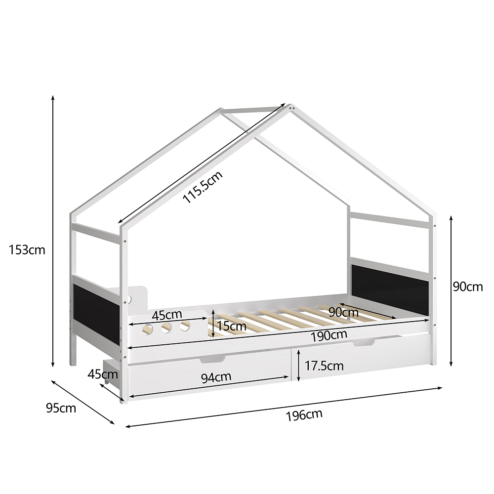 Κρεβάτι παιδικό τ.Μοντεσσόρι "HOUSER" με συρτάρια από ξύλο πεύκου σε λευκό χρώμα 90x190