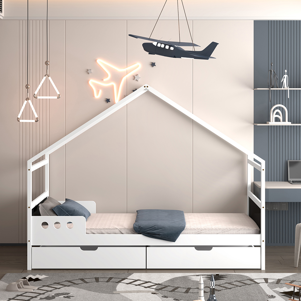 Κρεβάτι παιδικό τ.Μοντεσσόρι "HOUSER" με συρτάρια από ξύλο πεύκου σε λευκό χρώμα 90x190