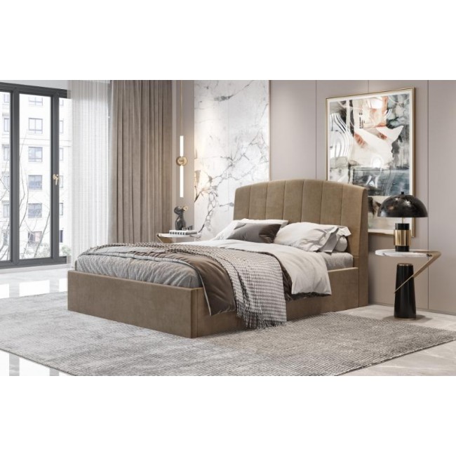 Κρεβάτι διπλό "BED6" από ύφασμα σε χρώμα κάμελ 160x200