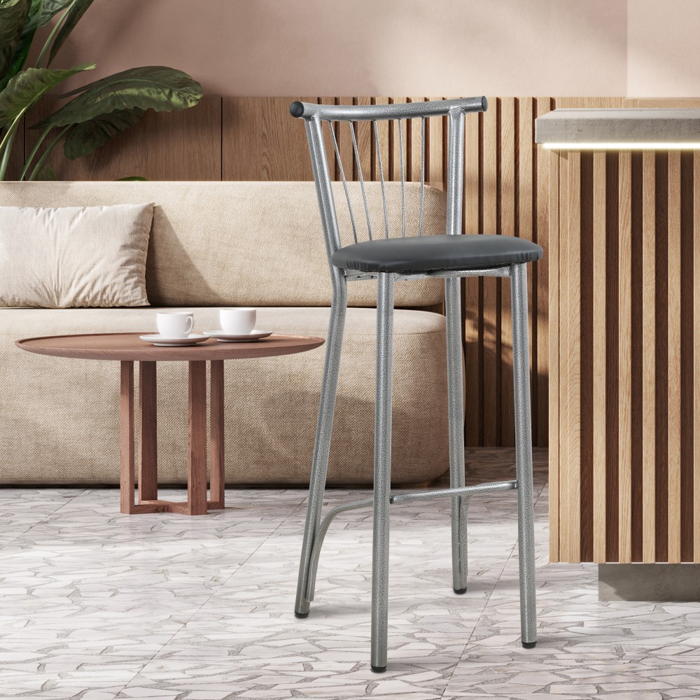 Σκαμπό μπαρ μεταλλικό με πλάτη και πάτο δερματίνης σε χρώμα γκρι/μαύρο 35x39x108