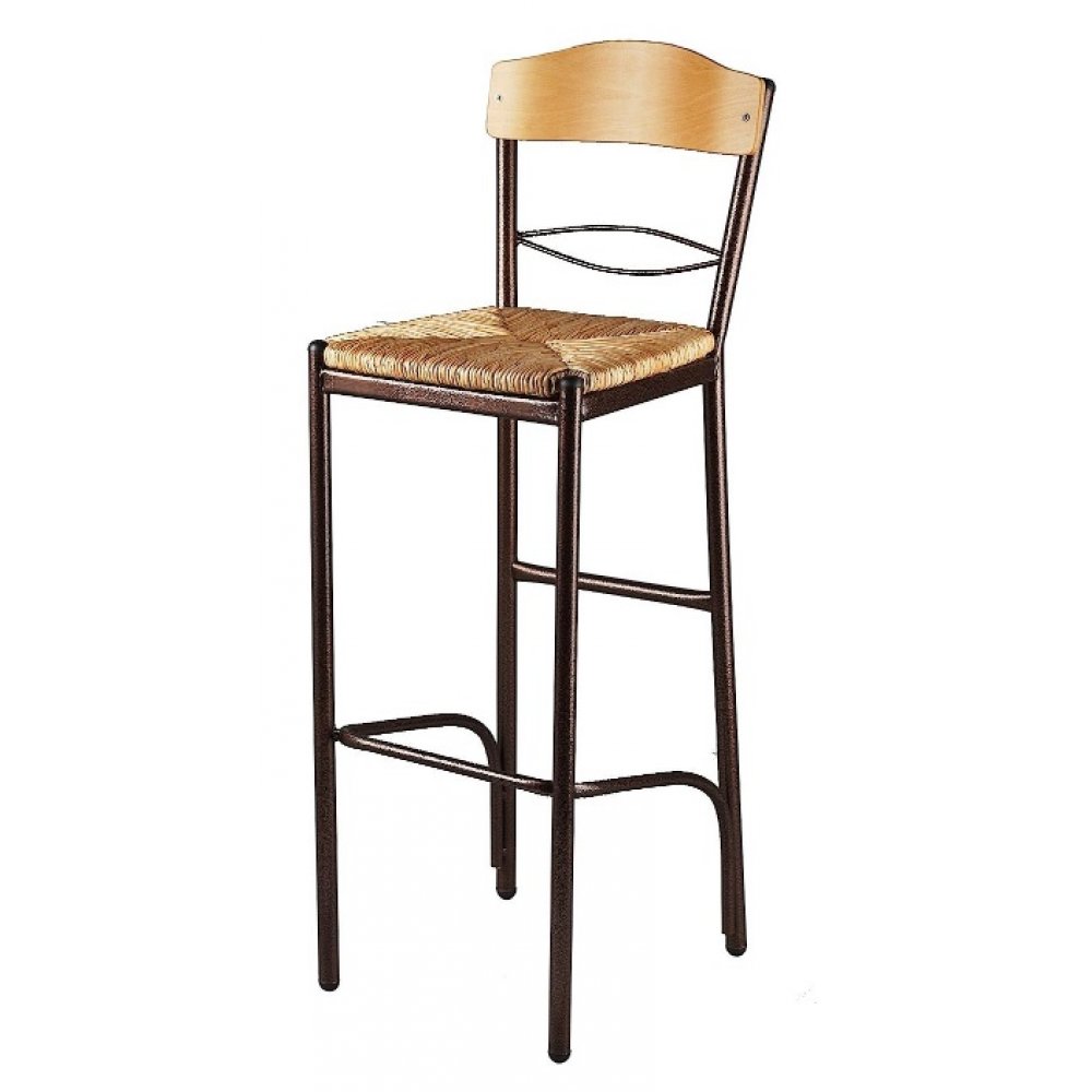 Σκαμπό μπαρ μεταλλικό με πλάτη και πάτο ψάθας σε χρώμα μπεζ 35x39x108