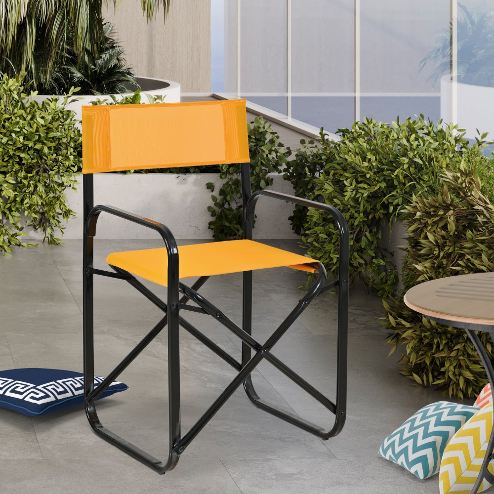 Πολυθρόνα σκηνοθέτη από μέταλλο/διάτρητο ύφασμα σε χρώμα μαύρο/πορτοκαλί 47x40x83