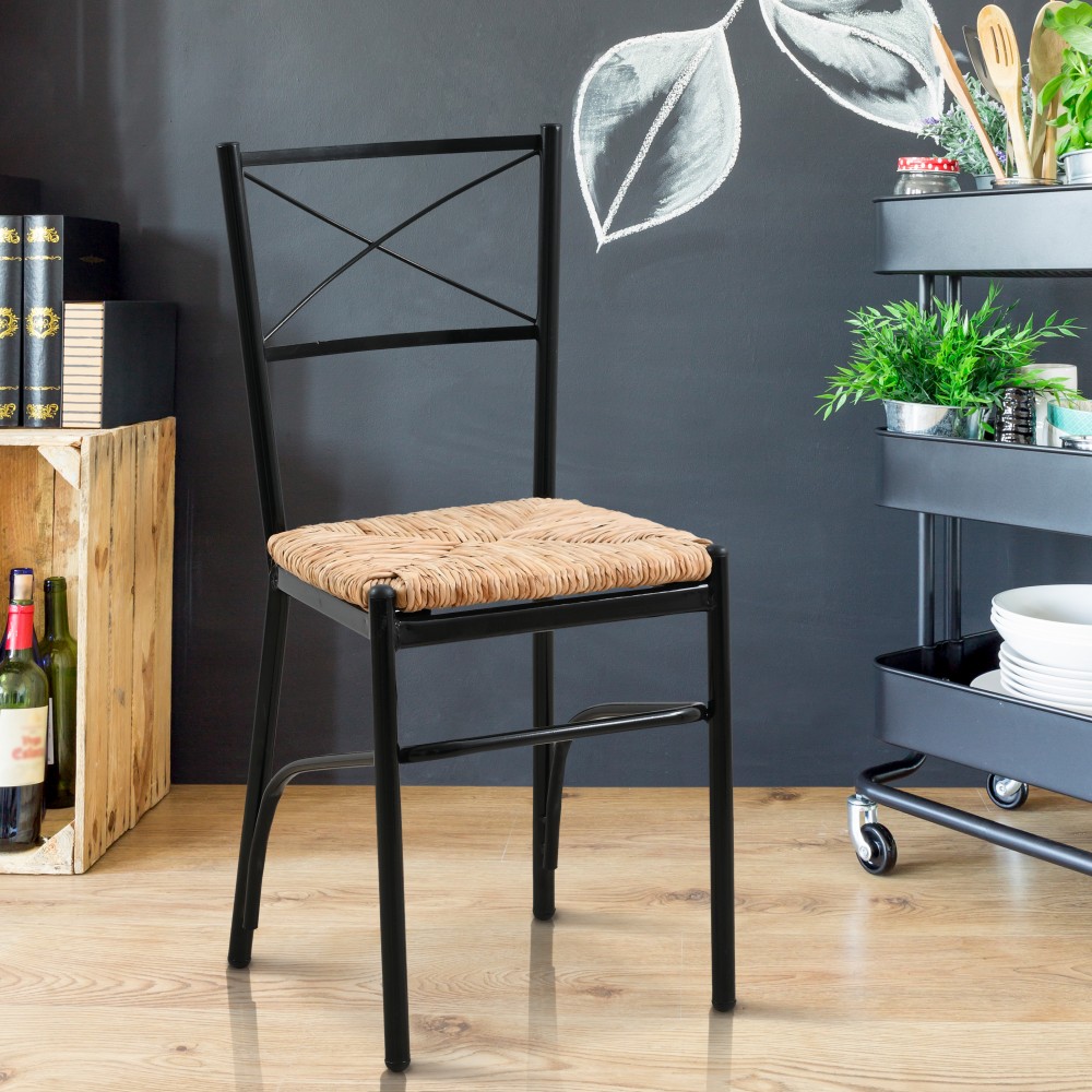 Καρέκλα μεταλλική με φυσική ψάθα σε μαύρο χρώμα 40x36x86