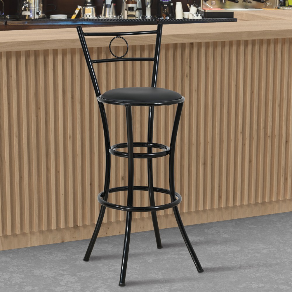 Σκαμπό μεταλλικό με πλάτη και πάτο δερματίνης σε χρώμα μαύρο 39x39x108