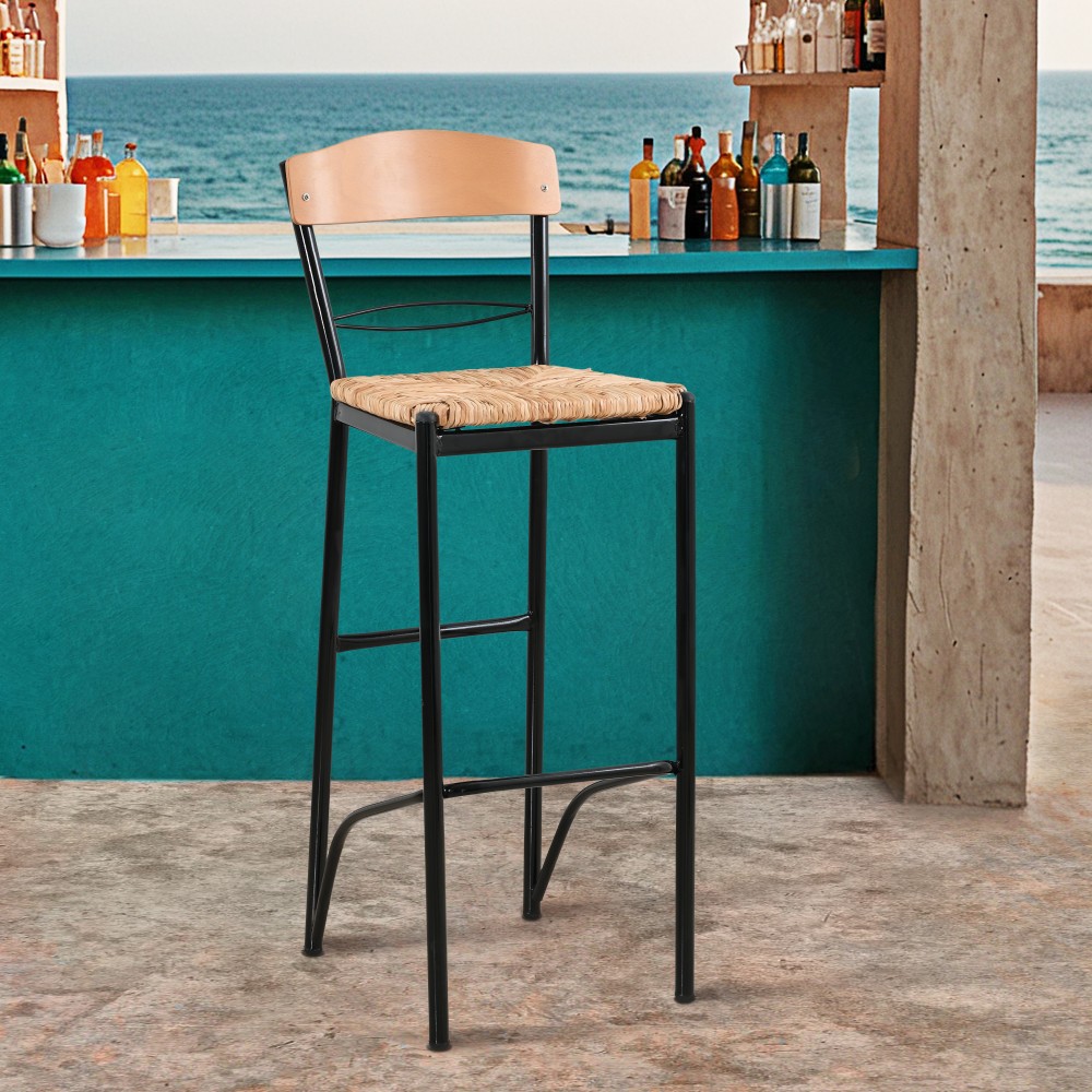 Σκαμπό μπαρ μεταλλικό με πλάτη και πάτο ψάθας σε χρώμα μαύρο/ μπεζ 35x39x108