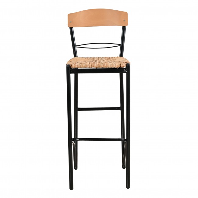 Σκαμπό μπαρ μεταλλικό με πλάτη και πάτο ψάθας σε χρώμα μαύρο/ μπεζ 35x39x108
