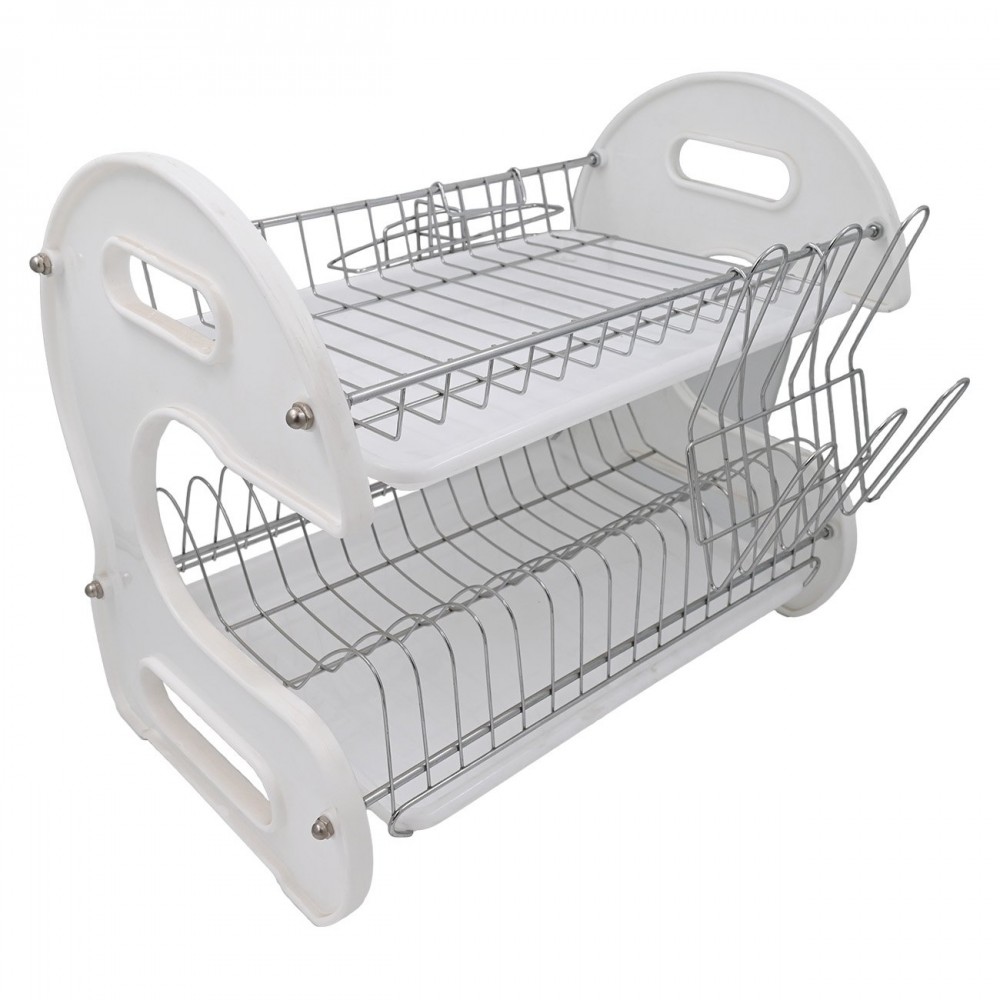 Πιατοθήκη διόροφη "ΙΒΗ" από μέταλλο/πλαστικό σε χρώμα ασημί/λευκό 55x26x36