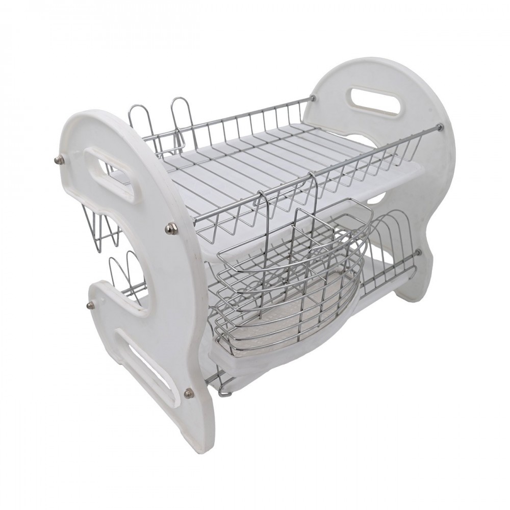 Πιατοθήκη διόροφη "ΙΒΗ" από μέταλλο/πλαστικό σε χρώμα ασημί/λευκό 55x26x36