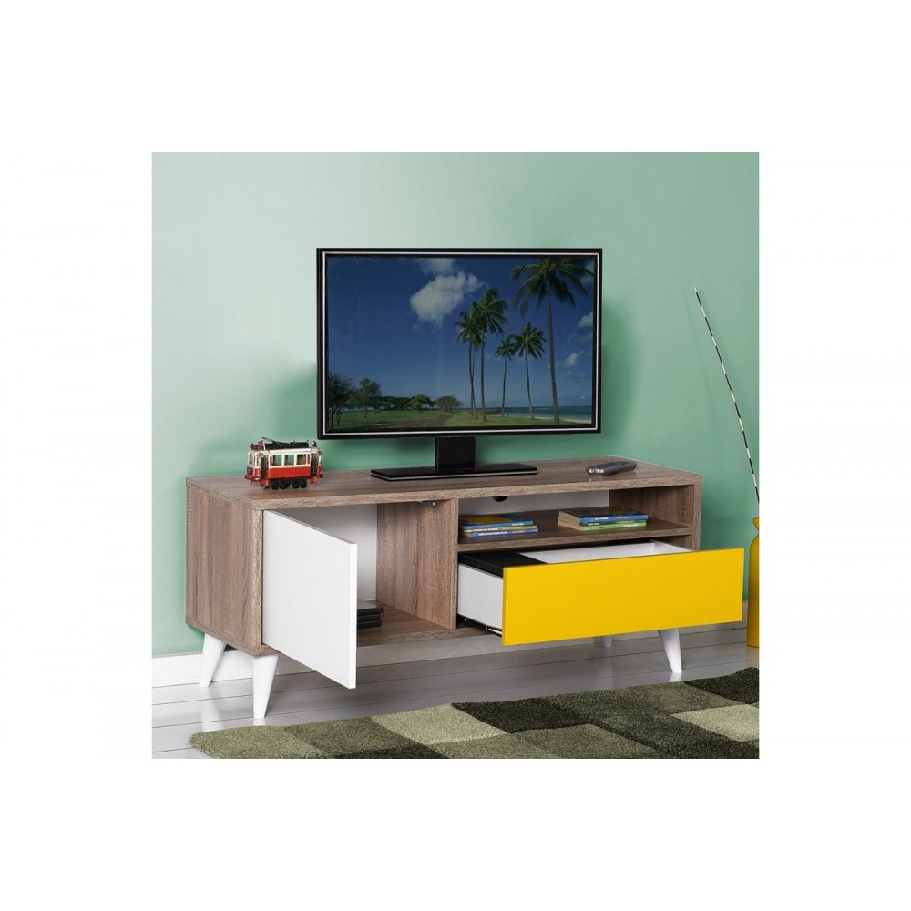 Έπιπλο τηλεόρασης "RETRO" σε χρώμα latte-κίτρινο-λευκό 120x40x50