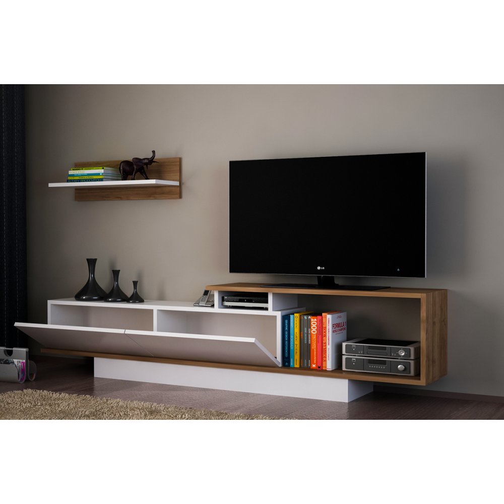 Σύνθεση σαλονιού "ASOS TV" σε χρώμα λευκό - καρυδί 180x29,5x45