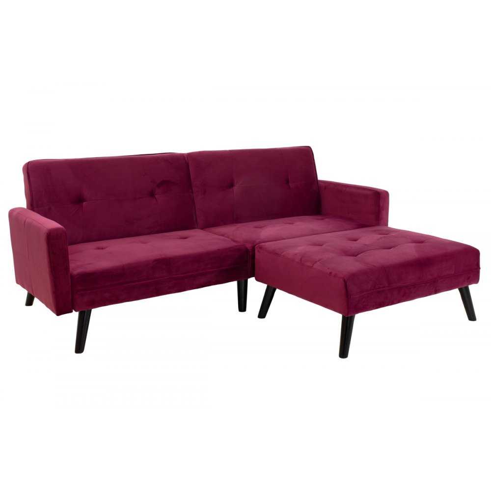 Γωνιακός καναπές-κρεβάτι με σκαμπώ "DREAM" σε χρώμα κερασί βελούδο ύφασμα 209x87-195x80