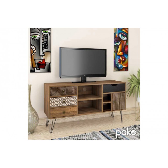 Έπιπλο τηλεόρασης "BOHO" καρυδί με μεταλλικά πόδια 120x39x64