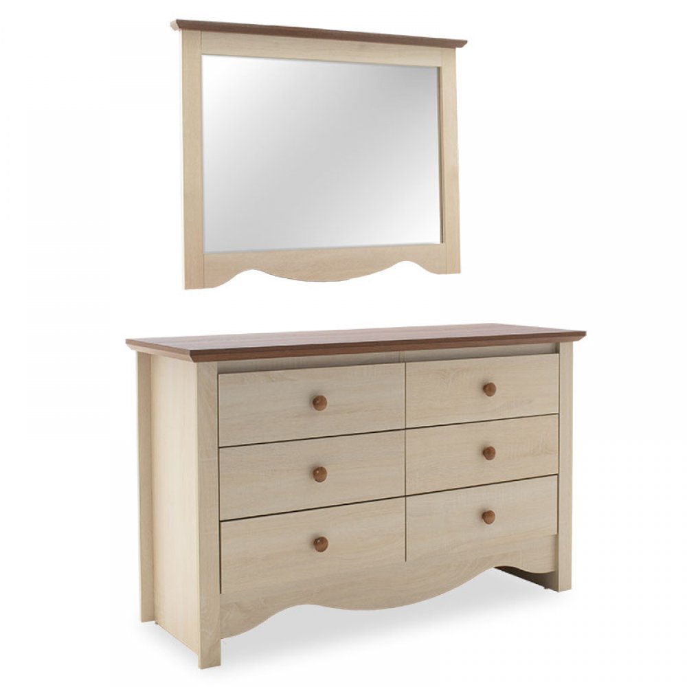 Συρταριέρα "LORAN" με 6 συρτάρια και καθρέπτη σε χρώμα light oak-καρυδί 120x43.5x75.5