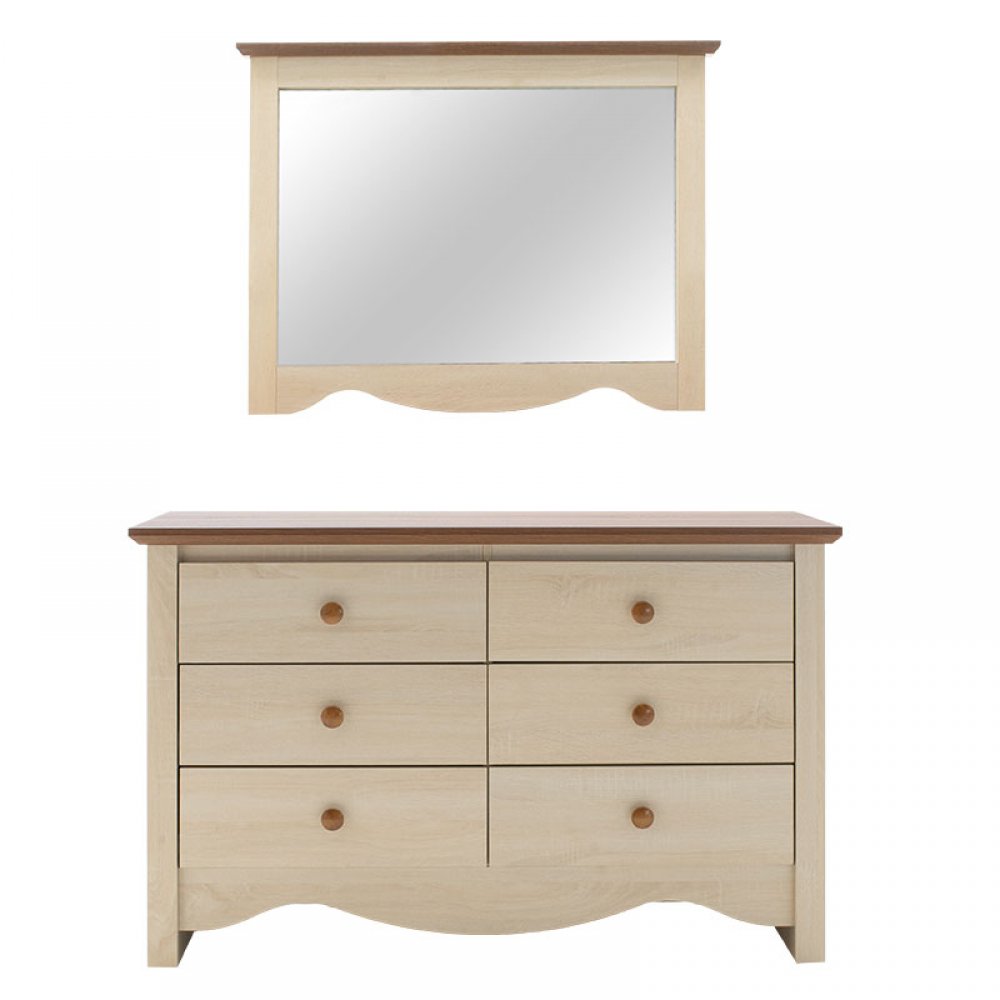 Συρταριέρα "LORAN" με 6 συρτάρια και καθρέπτη σε χρώμα light oak-καρυδί 120x43.5x75.5