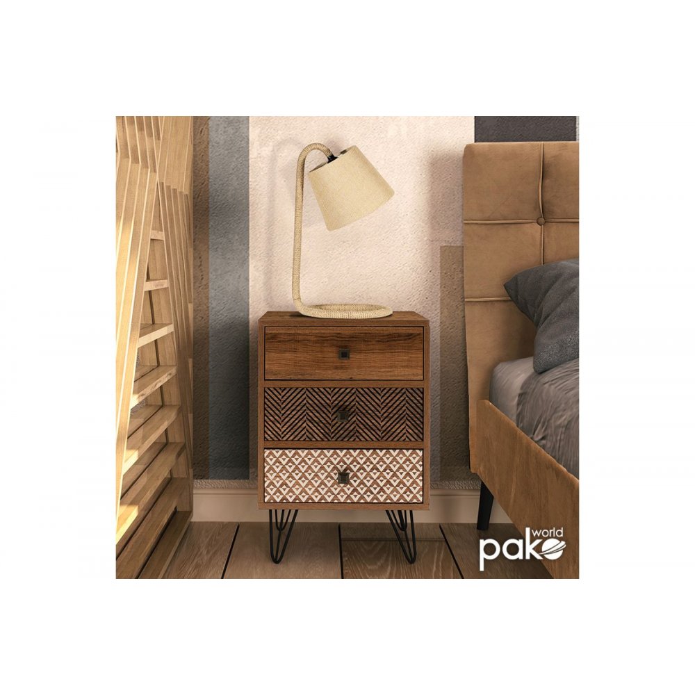 Κομοδίνο με 3 συρτάρια "Boho" από MDF-μέταλλο σε καρυδί-μαύρο χρώμα 40x40x59