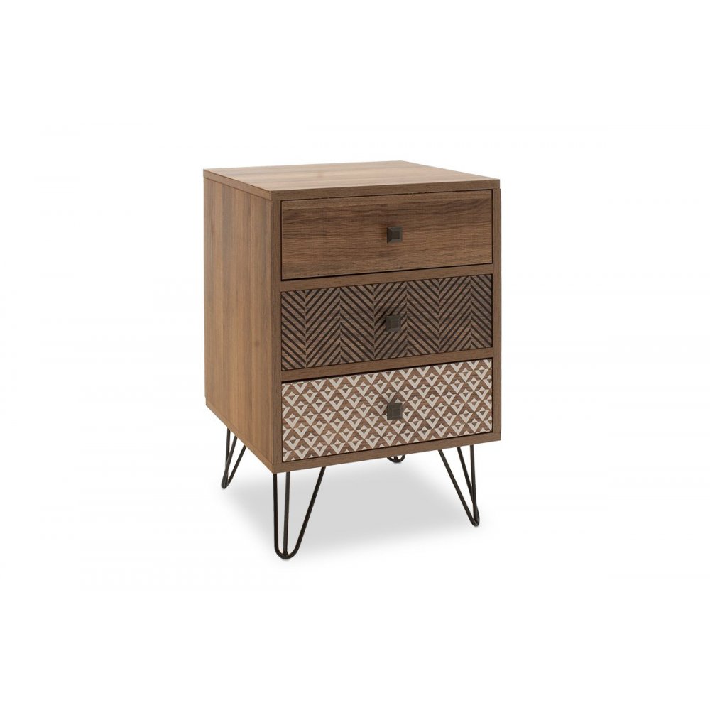 Κομοδίνο με 3 συρτάρια "Boho" από MDF-μέταλλο σε καρυδί-μαύρο χρώμα 40x40x59