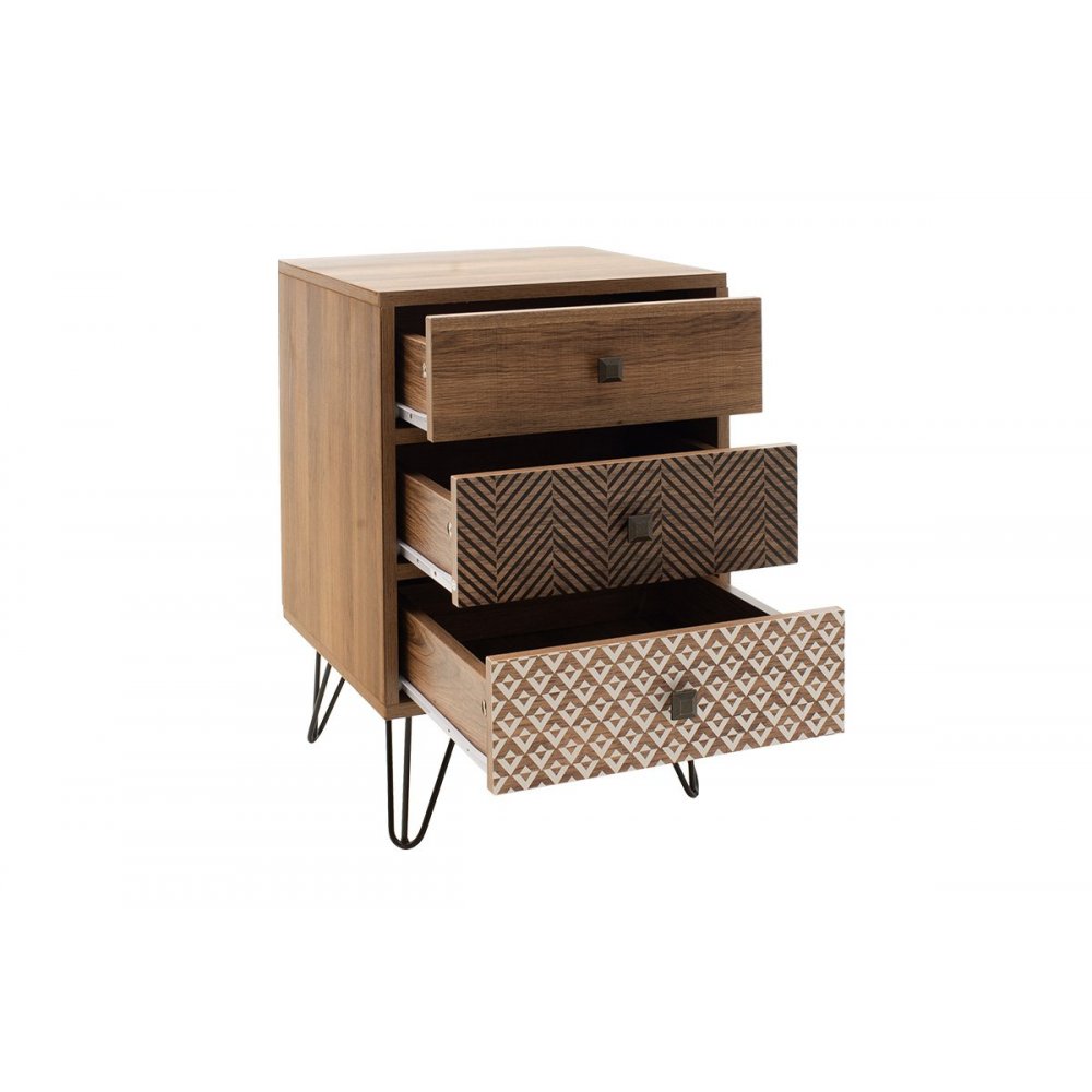 Κομοδίνο με 3 συρτάρια "Boho" από MDF-μέταλλο σε καρυδί-μαύρο χρώμα 40x40x59