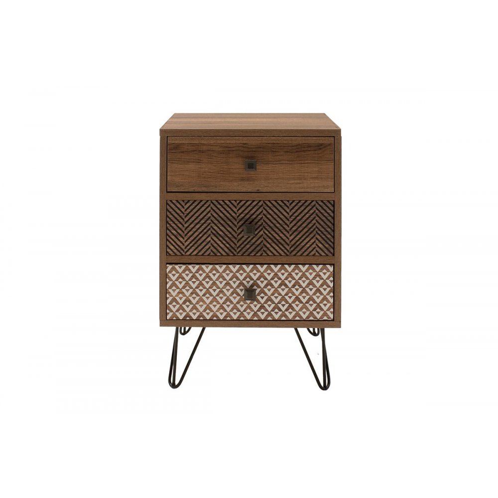 Κομοδίνο με 3 συρτάρια "Boho" από MDF-μέταλλο σε καρυδί-μαύρο χρώμα 40x40x59