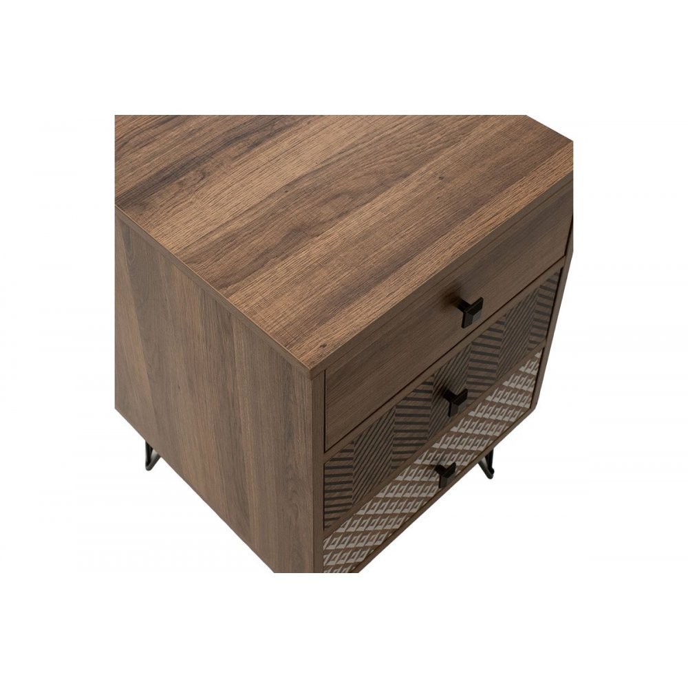 Κομοδίνο με 3 συρτάρια "Boho" από MDF-μέταλλο σε καρυδί-μαύρο χρώμα 40x40x59