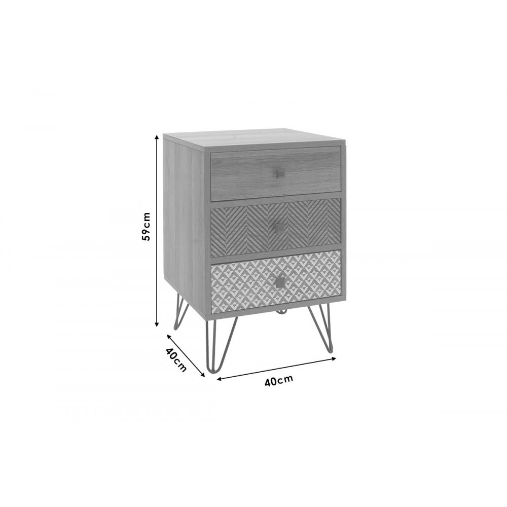 Κομοδίνο με 3 συρτάρια "Boho" από MDF-μέταλλο σε καρυδί-μαύρο χρώμα 40x40x59