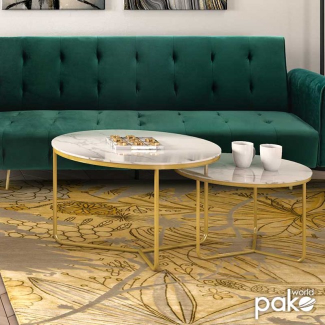 Τραπέζια σαλονιού σετ 2τμχ "PARIS" από μέταλλο-γυαλί σε χρώμα χρυσό-σχέδιο μαρμάρου 80x80x50