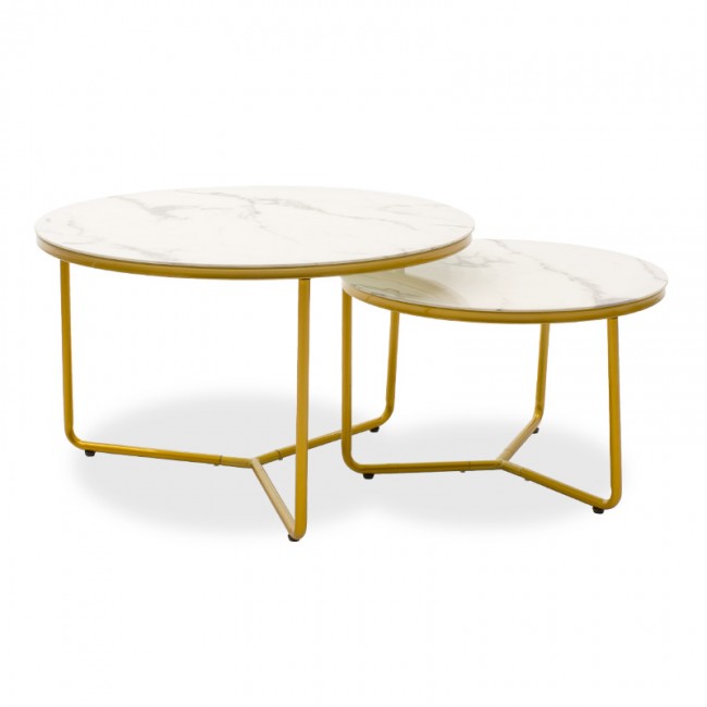 Τραπέζια σαλονιού σετ 2τμχ "PARIS" από μέταλλο-γυαλί σε χρώμα χρυσό-σχέδιο μαρμάρου 80x80x50