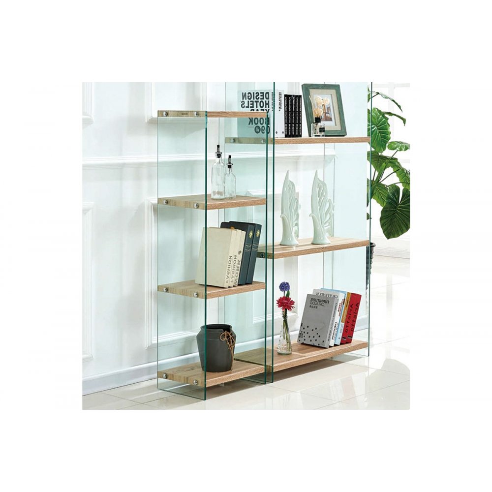 Βιβλιοθήκη "COMPTON" από γυαλί-MDF σε διάφανο-σονόμα χρώμα 40x30x125