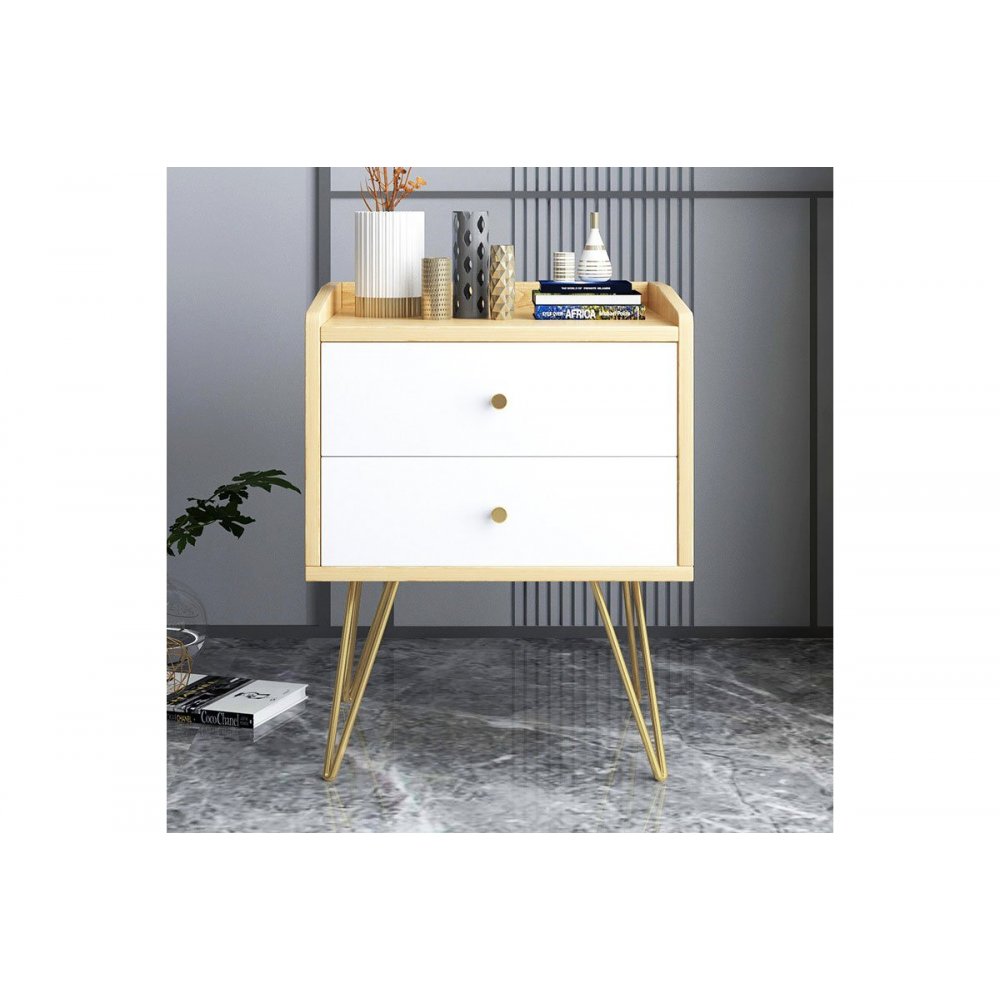 Κομοδίνο "Nael" από MDF-μέταλλο σε φυσικό-λευκό-χρυσό χρώμα 45x40x62
