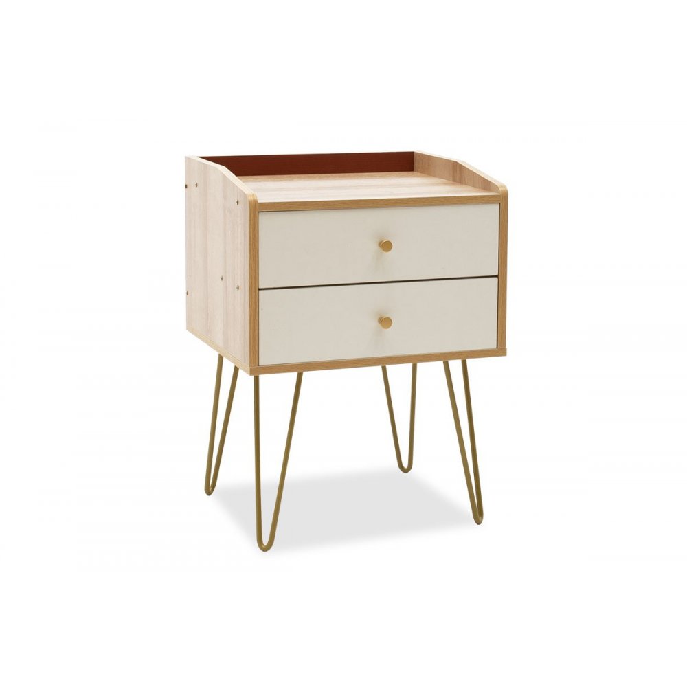 Κομοδίνο "Nael" από MDF-μέταλλο σε φυσικό-λευκό-χρυσό χρώμα 45x40x62