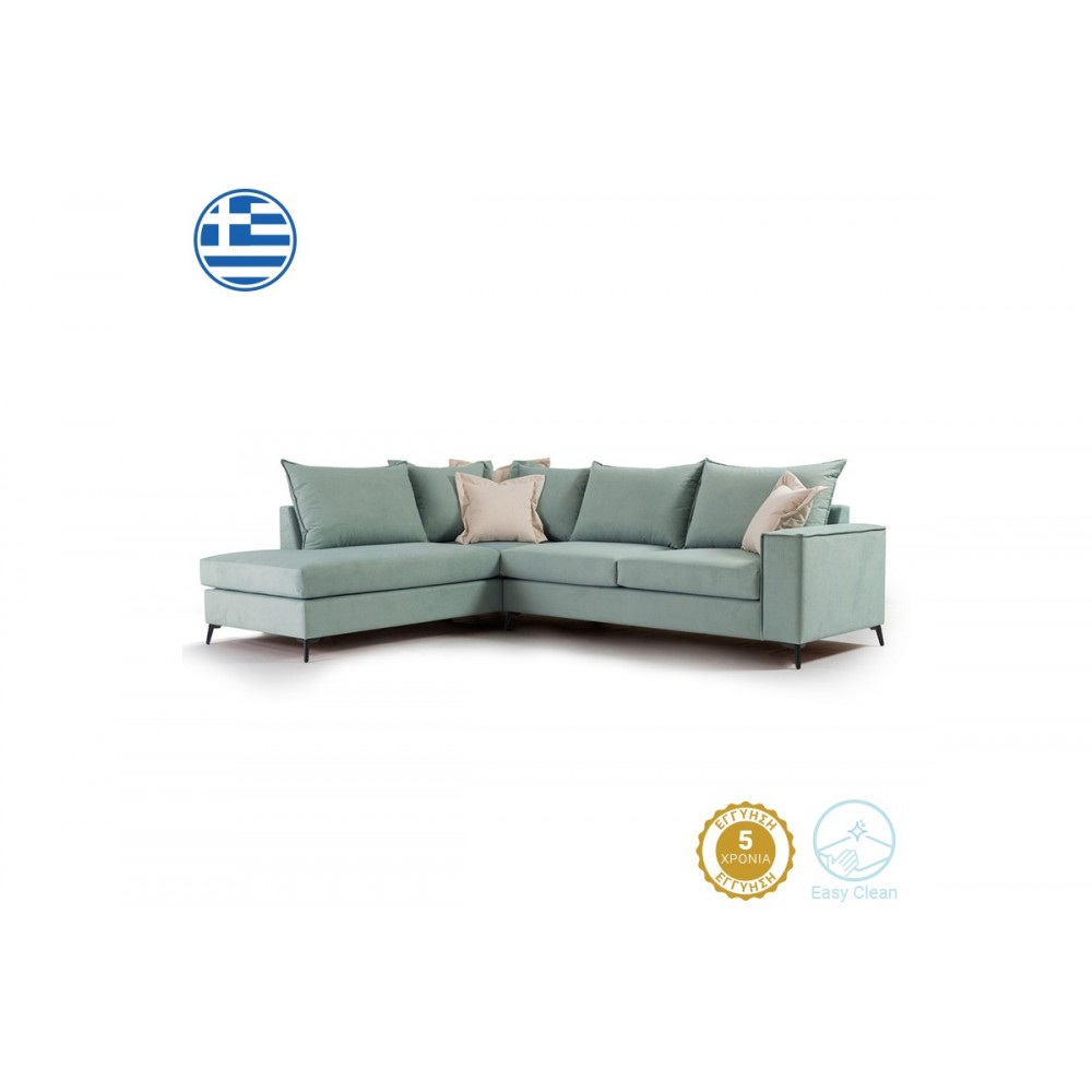 Γωνιακός καναπές "ROMANTIC" με δεξιά γωνία από ύφασμα σε σιέλ-κρεμ χρώμα 290x235x95