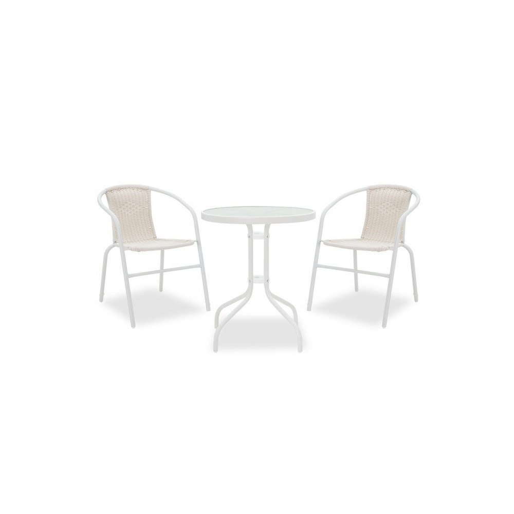 Σετ κήπου "Watson-Obbi" 3τμχ από μέταλλο/rattan/γυαλί σε λευκό χρώμα 60x60x70