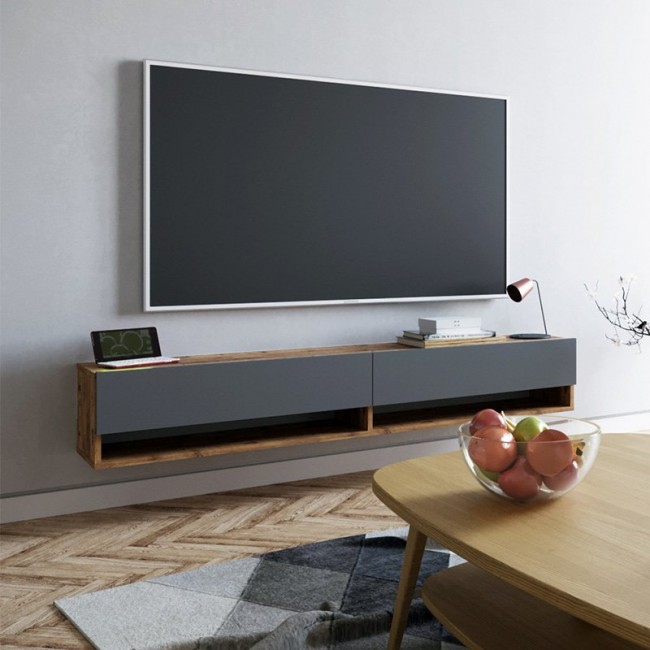 Έπιπλο τηλεόρασης "HANDRA" επιτοίχιο σε χρώμα ανθρακί/φυσικό 180x31,5x29,5