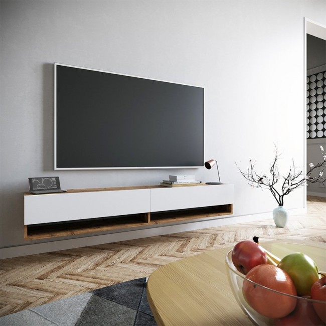 Έπιπλο τηλεόρασης "HANDRA" επιτοίχιο σε χρώμα φυσικό/λευκό 180x31,5x29,5