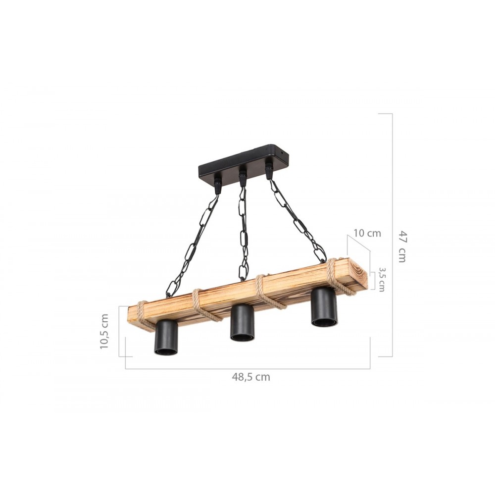 Φωτιστικό "PWL-1027" τρίφωτο από μέταλλο/ξύλο/σχοινί σε φυσικό/μαύρο χρώμα Ε27 48.5x10x47