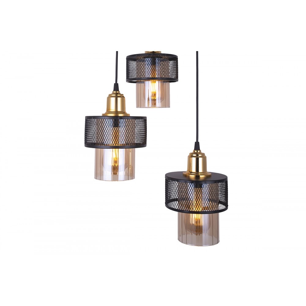 Τρίφωτο φωτιστικό από μέταλλο-γυαλί  σε μαύρο-χρυσό χρώμα Φ30x85