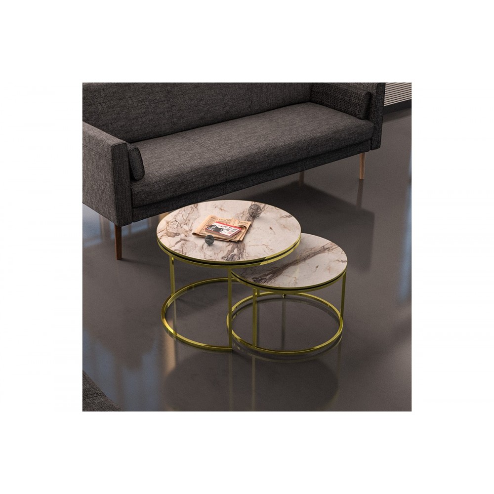 Σετ τραπέζια σαλονιού "OCTOBER" 2τμχ σε λευκό με εφέ μαρμάρου/χρυσό χρώμα 60x60x50